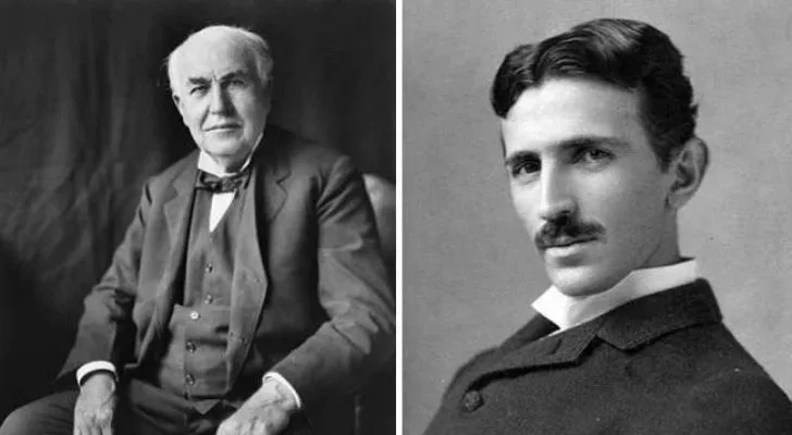Портрет на Томас Едисон и Никола Тесла.