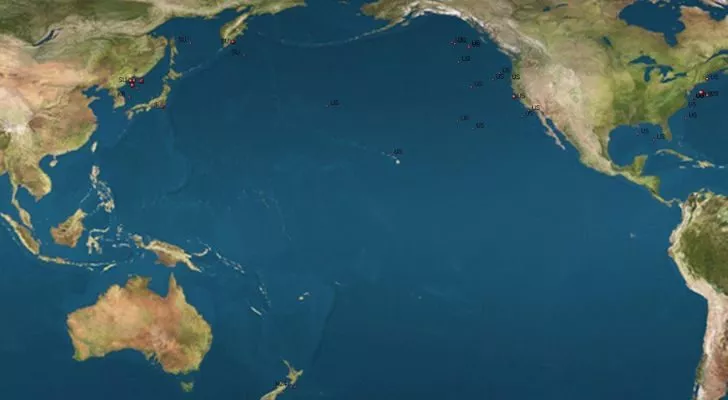 Карта, показваща Тихия океан и страните около него