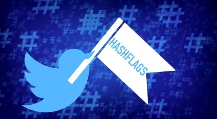 Птицата в Twitter, която държи знаме с надпис „Hashflags“