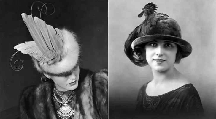 Жени с модни шапки с истински птици през Викторианската епоха. 