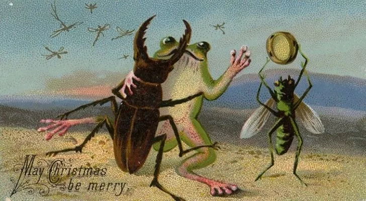 Странна коледна картичка, показваща танцуващ бръмбар с жаба.