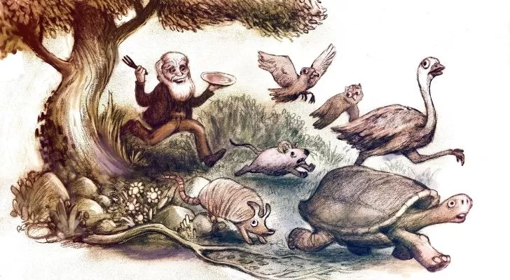 Интерпретация на художник на Чарлз Дарвин, преследващ екзотични животни за ядене.
