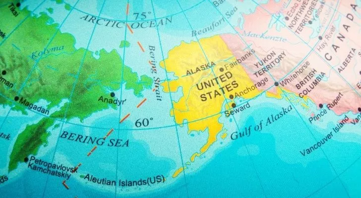 Карта, показваща Беринговия проток между Русия и Аляска, САЩ