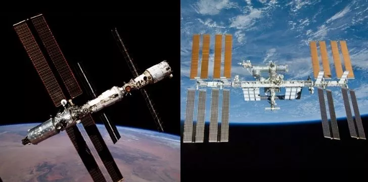 МКС през 2000 г. и през 2015 г. с повече прикачени модули