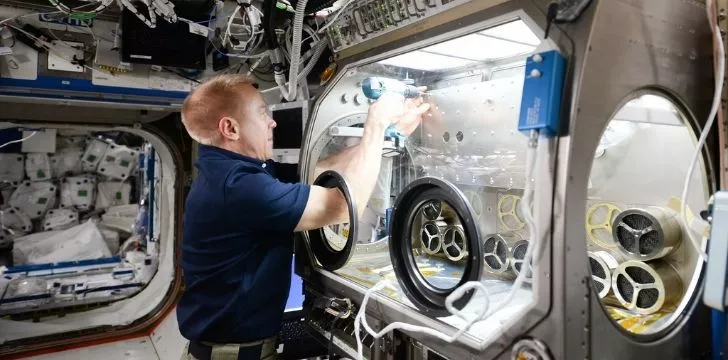 Астронавт провежда експеримент на борда на МКС