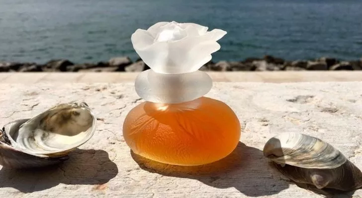 Зашеметяващата бутилка за парфюм, направена от две камъчета едно върху друго и цвете отгоре