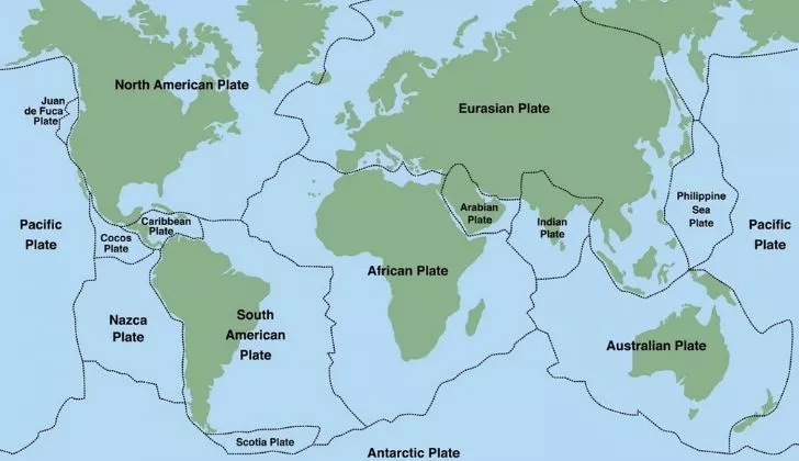 Карта, показваща основните тектонични плочи по света
