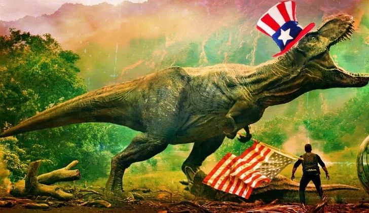 T-Rex, носещ цилиндър с американското знаме върху него.