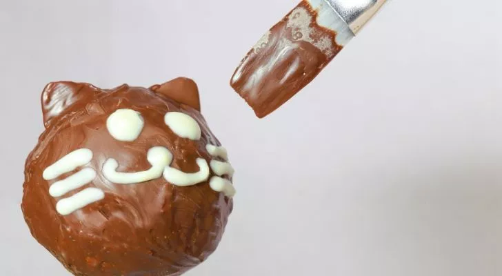 Painting chocolate on a cat looking cake ball