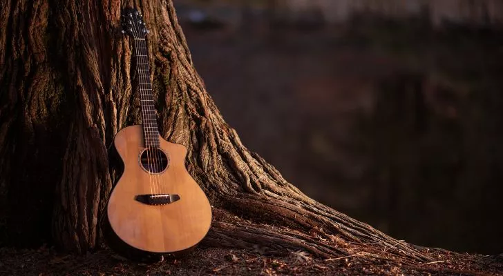 Дървена китара, облегната на дърво