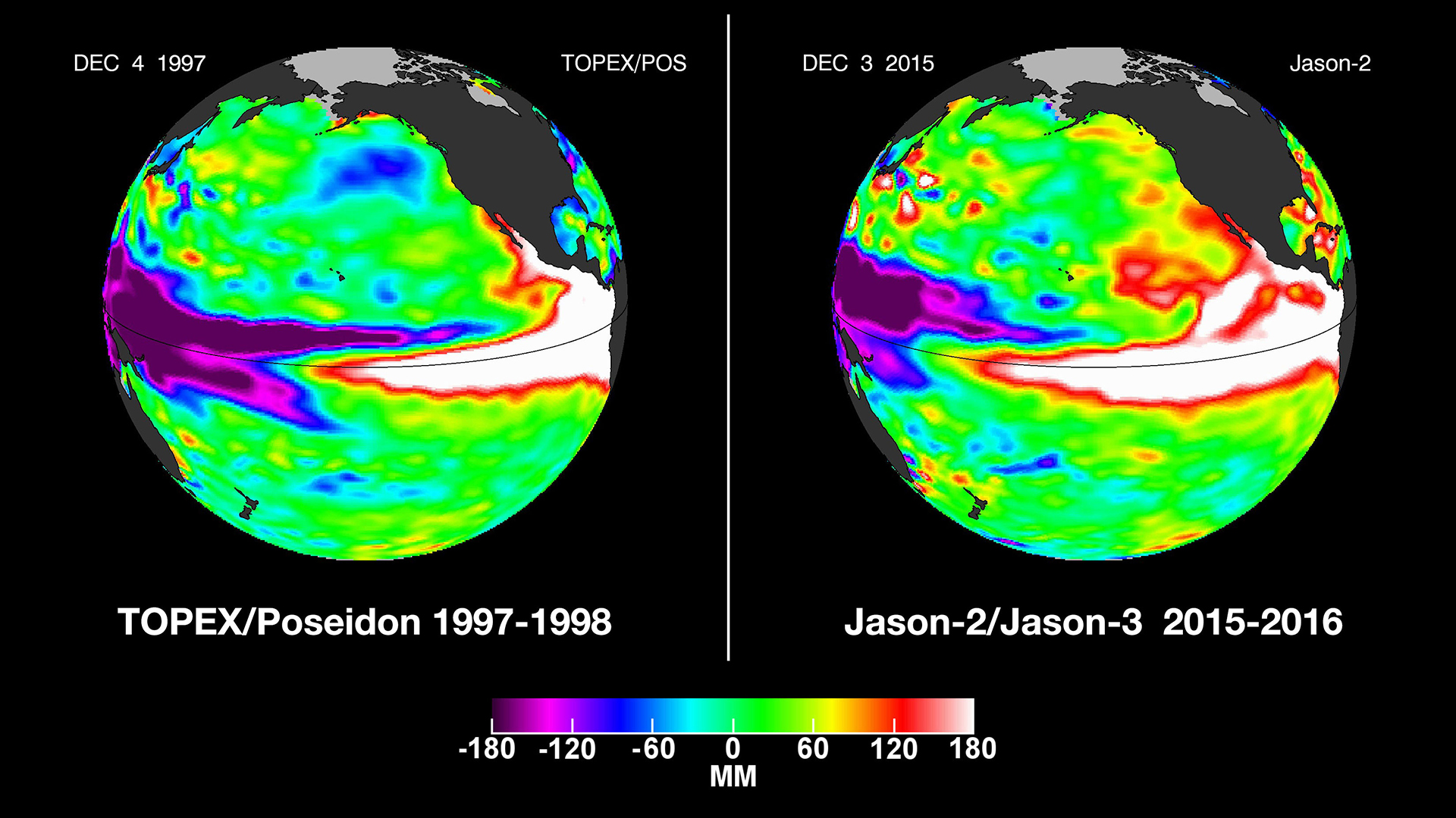 Това изображение показва събитията Ел Ниньо от декември 1997 г. спрямо декември 2015 г