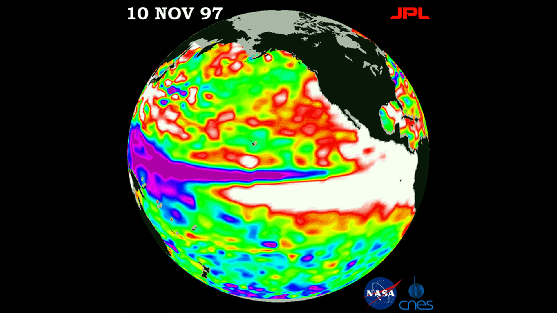 Сателитно изображение на височината на морската повърхност спрямо нормалните океански условия в Тихия океан на 10 ноември 1997 г.