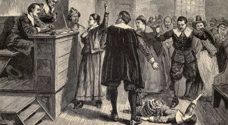 Сцена от съдебна зала в процеса на вещиците в Салем