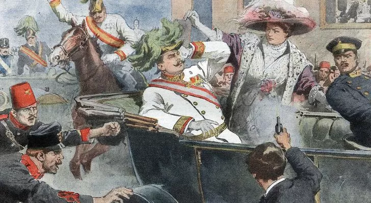 A drawing of Franz Ferdinand being assassinated in his car as guards rush to apprehend the shooter