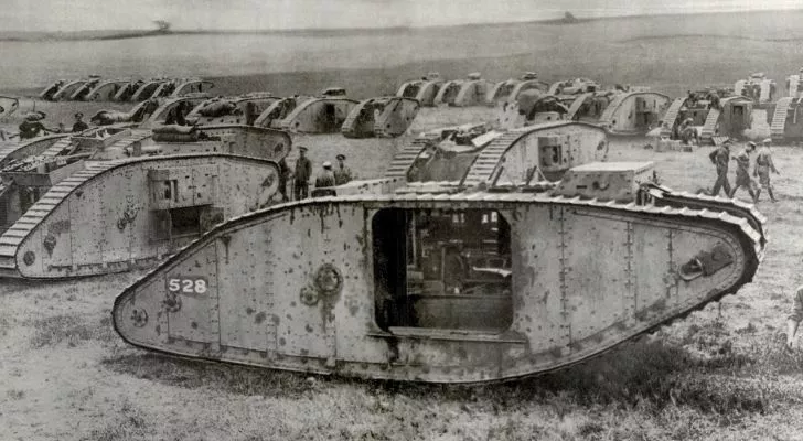 A collection of about 20 tanks prepares for battle