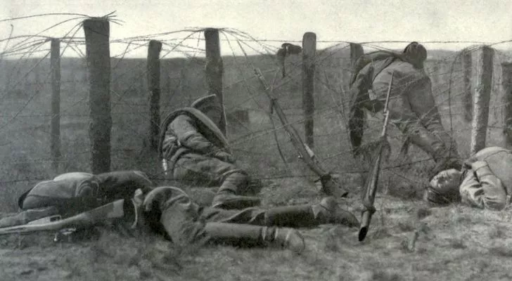 Some dead soldiers are caught on barded wire