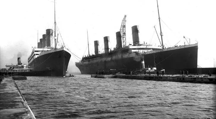 The Titanic and its sister-ship the Brittanic, two huge, identical ships are docked next to each other
