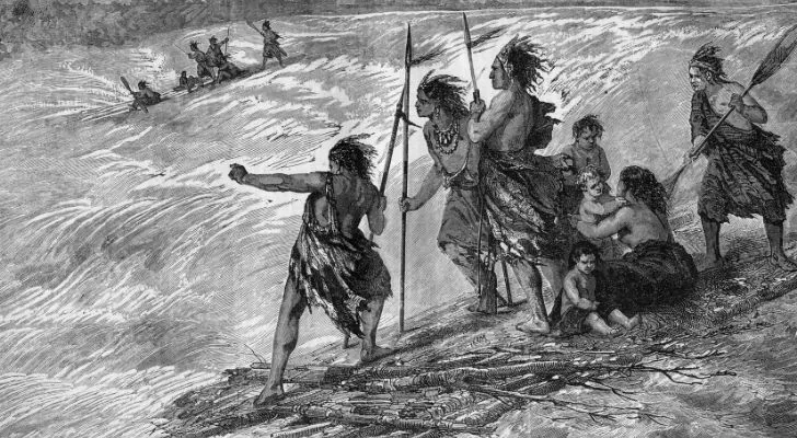 A group of Choctaw tribespeople stand near a raging river