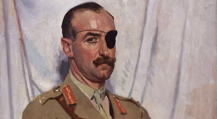 Sir Adrian Carton de Wiart, in army uniform and eye patch, sits for a portrait
