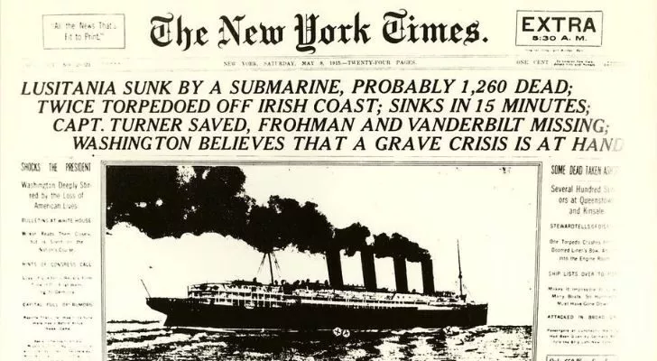 An article in the New York Times telling of the sinking of the Lusitania