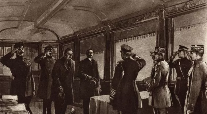 The signing of the WWI armistice inside of a train cabin