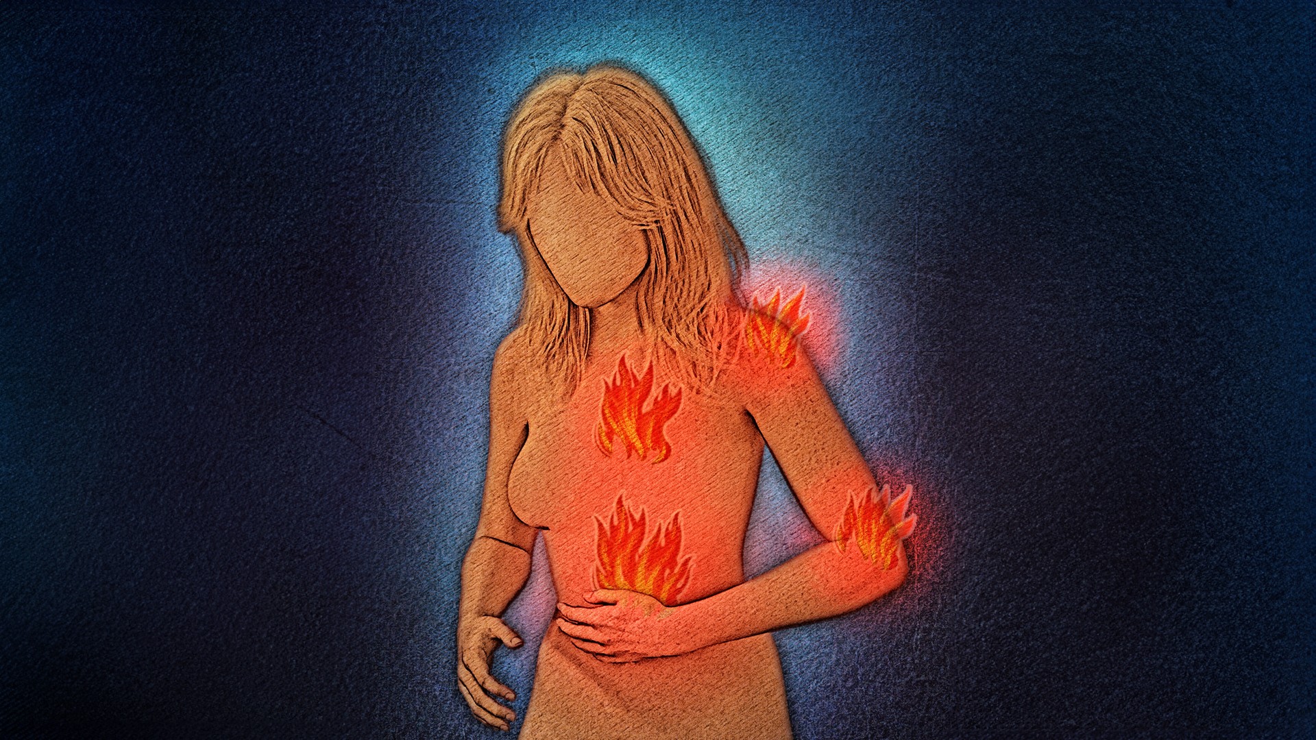 Произведение, показващо фигура на жена (в оранжево) с четири пламъка, излизащи от тялото й на син фон