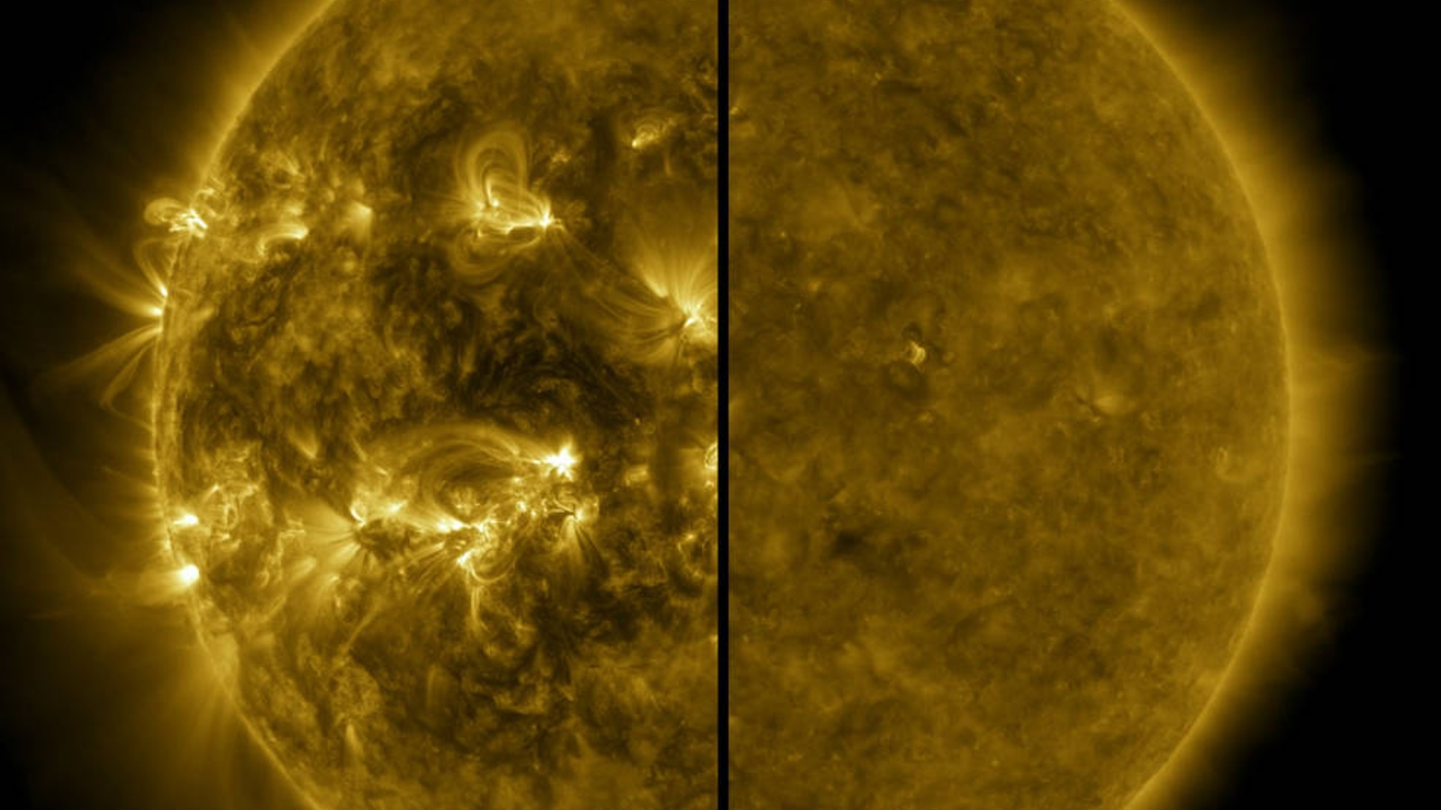 Изображение на слънце, разделено наполовина.  Лявата страна показва слънцето по време на слънчевия максимум, където е по-огнено и хаотично, а дясната страна показва звездата по време на слънчевия минимум, когато е по-спокойно и гладко