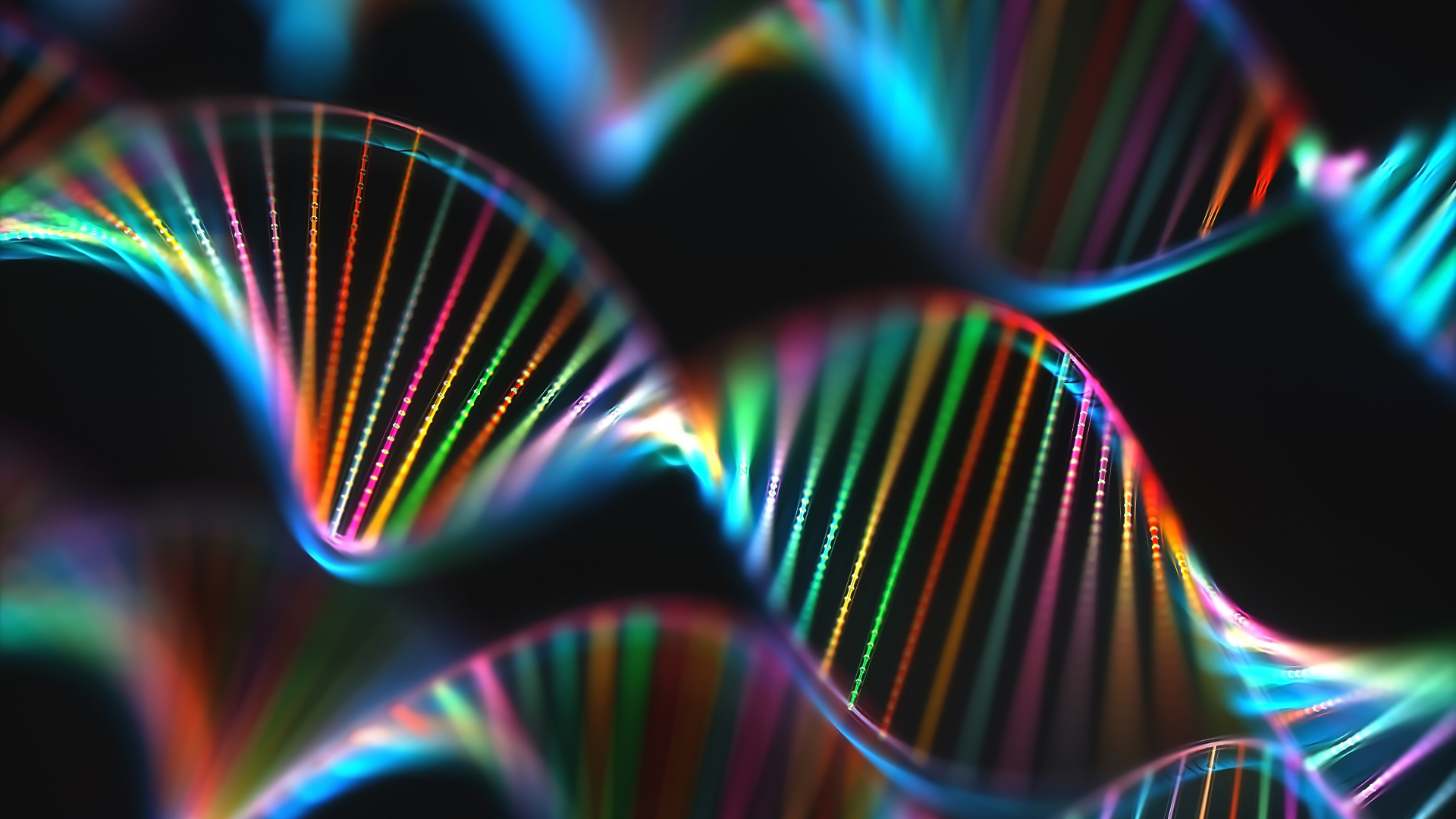 Компютърна илюстрация на оцветени в дъга ДНК молекули