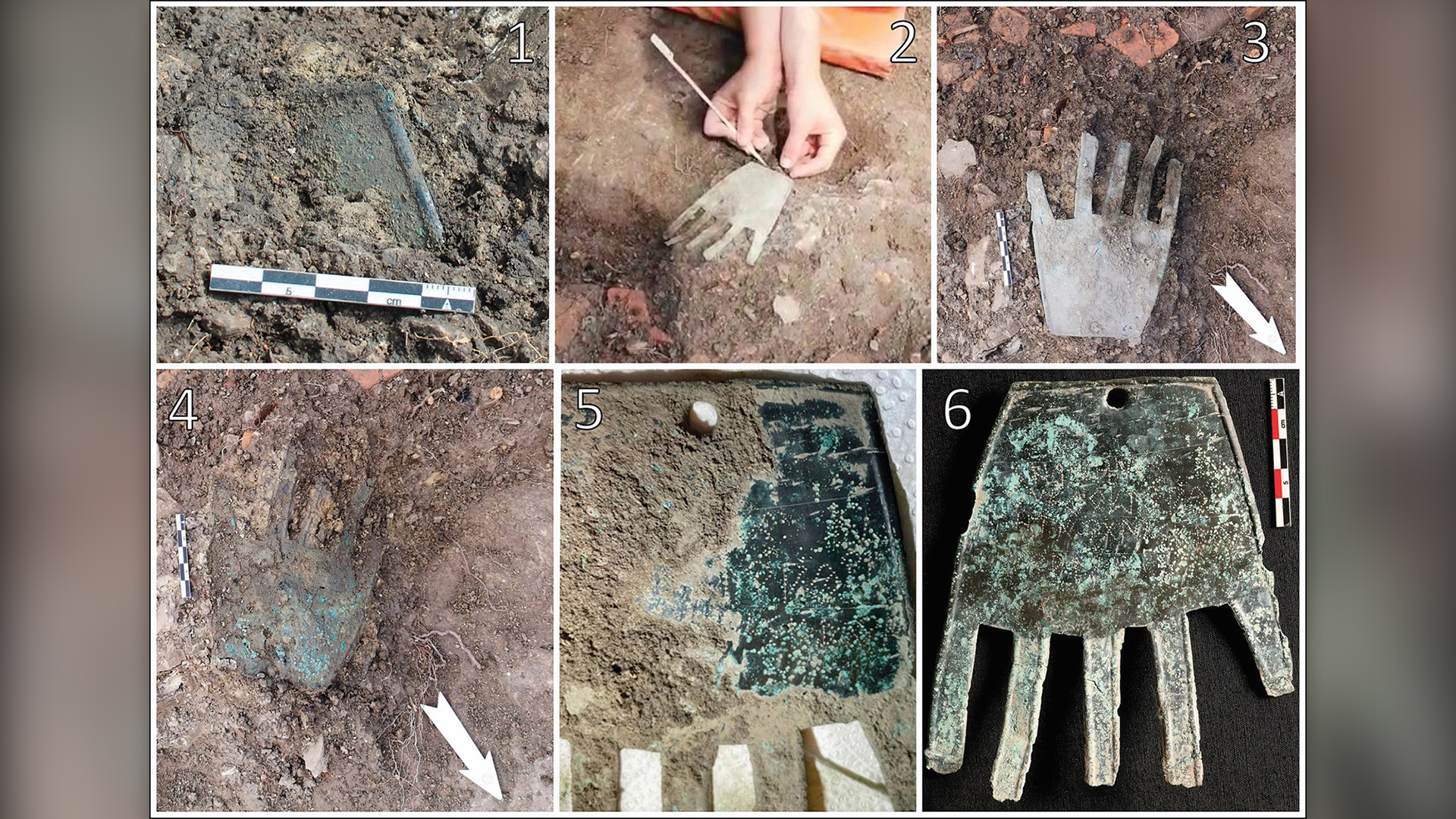 Шест изображения, направени по време на процеса на разкопки на бронзова ръчна дрънкулка.