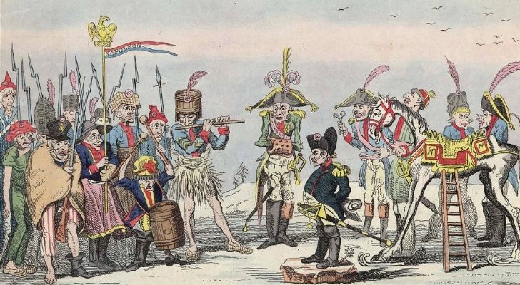 Британска пропаганда, изобразяваща много нисък Наполеон 