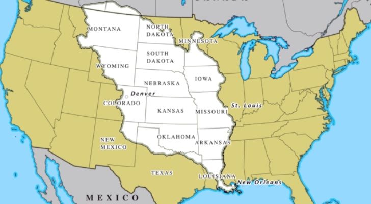 Карта на Северна Америка, подчертаваща земята, спечелена от САЩ при покупката на Луизиана