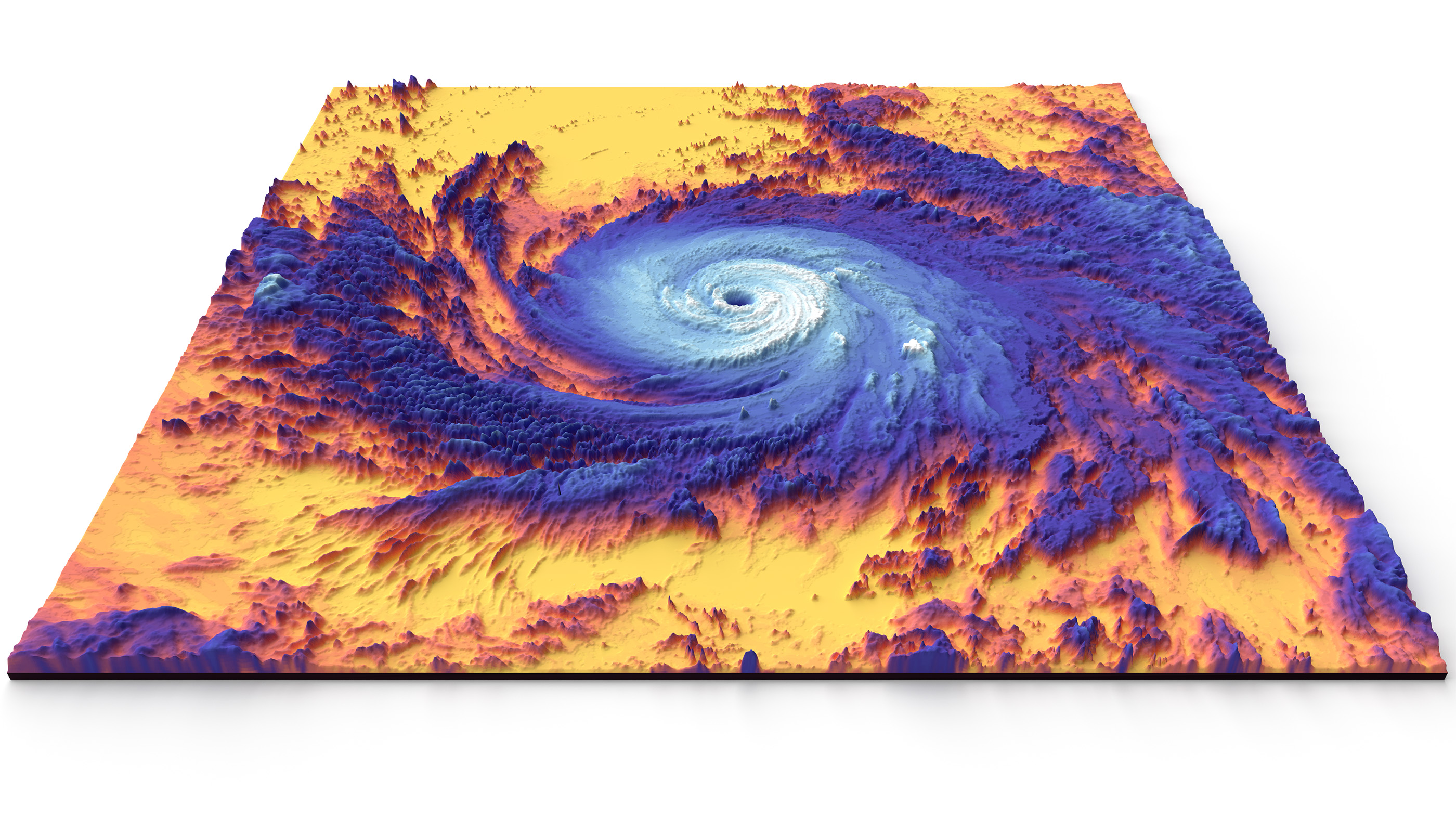 Сателитът Terra на НАСА засне това топлинно (топлинно) изображение на урагана Мария от категория 5 през 2017 г. Жълто и оранжево са топлите океански води, а синьо и бяло са високите, хладни върхове на облаците на урагана.