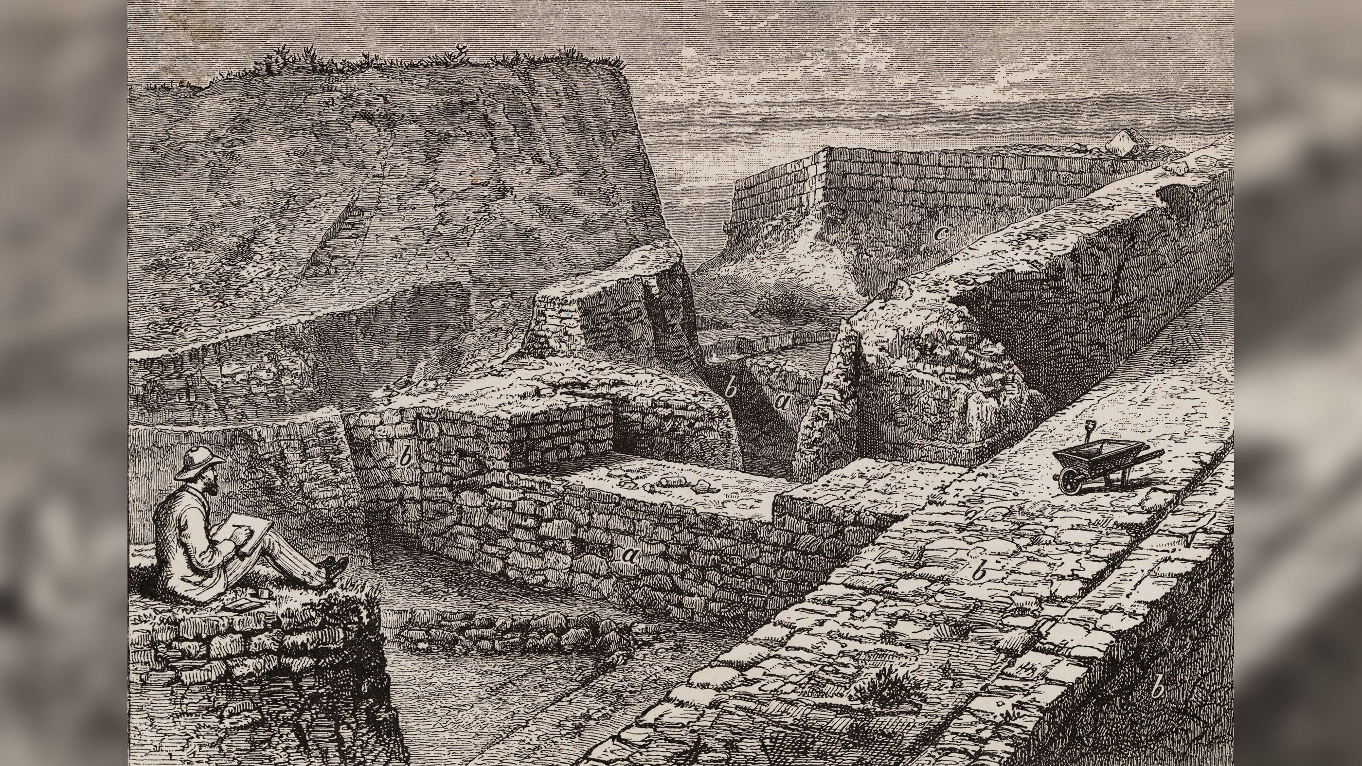 Германският археолог Хайнрих Шлиман скицира останките от древна Троя.