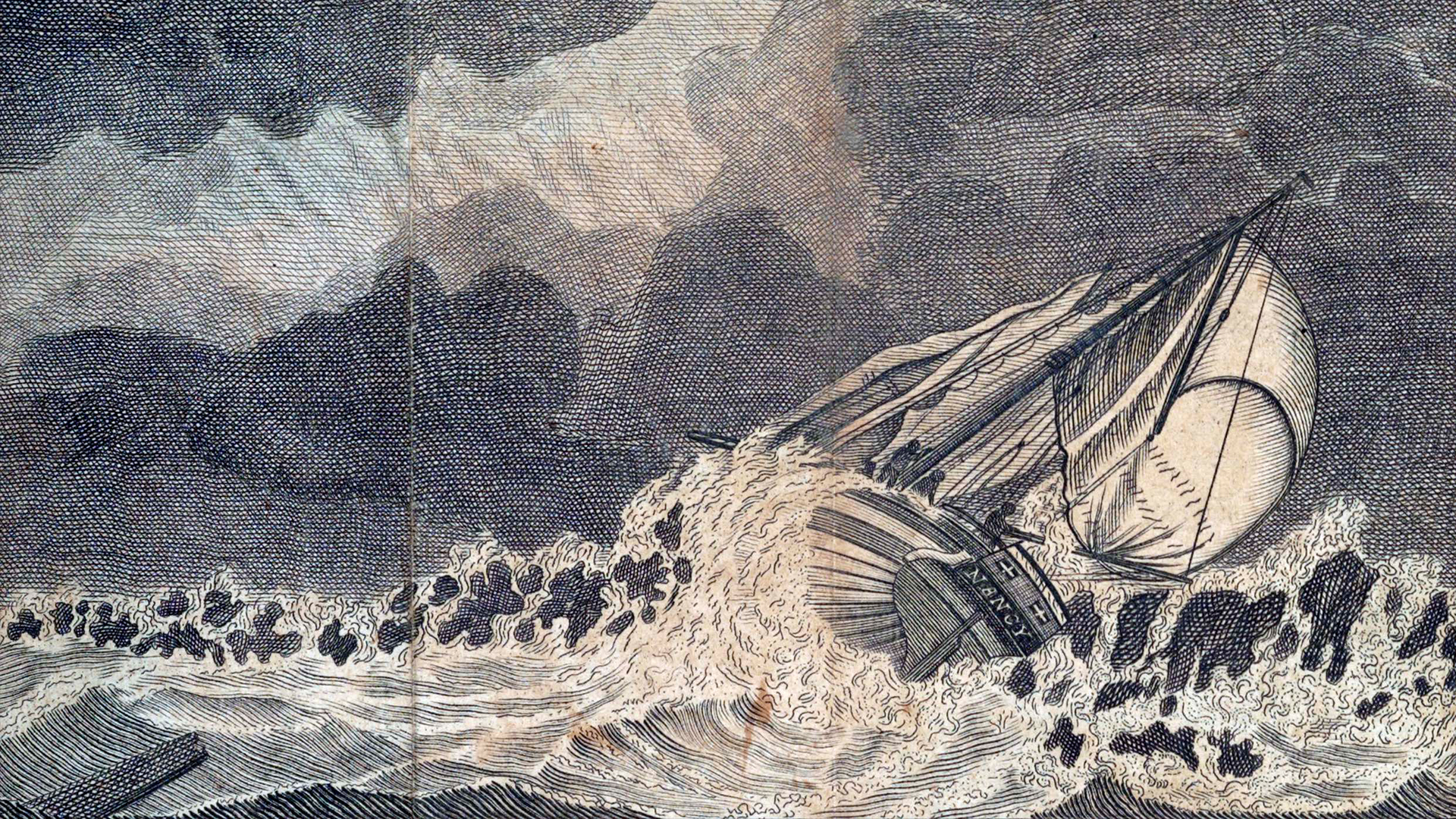 Картина на робски кораб, който потъва по време на буря.