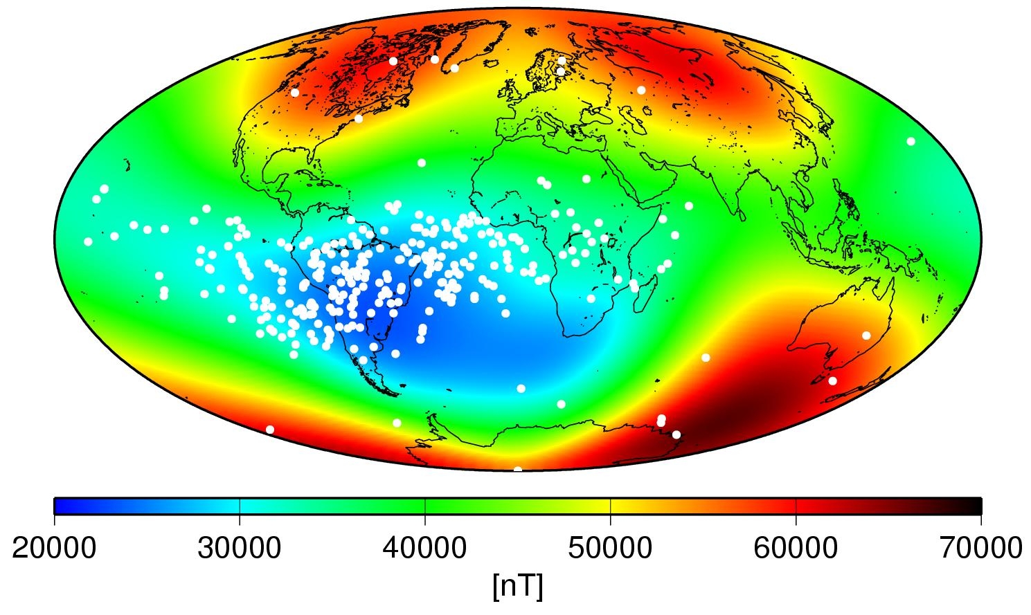 Аномалия в Южен Атлантик, показана с помощта на карта на световното магнитно поле.  Белите петна над Южния Атлантик показват слабост.