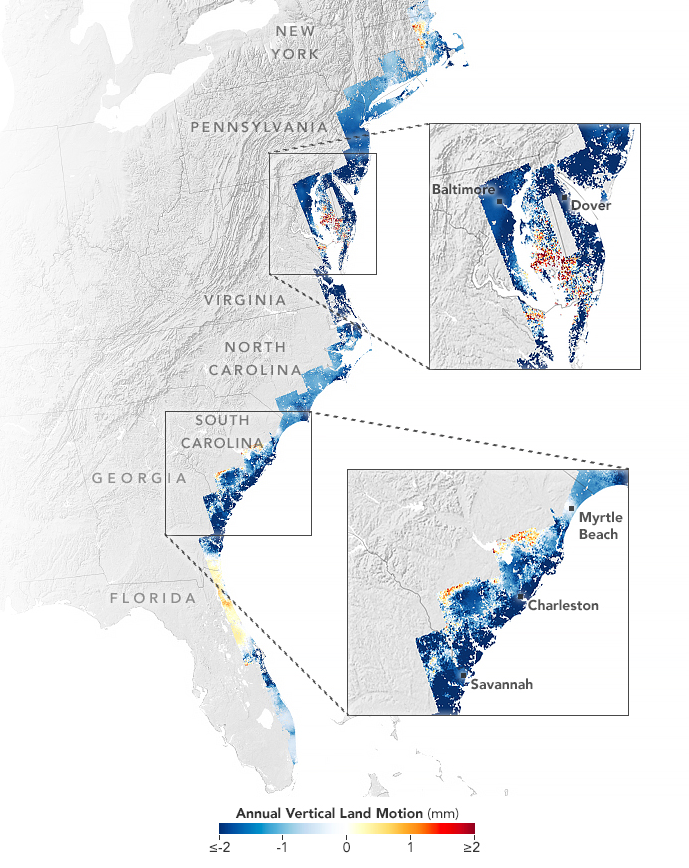 Карта за измерване на движението на крайбрежната земя от Нова Англия до Флорида.