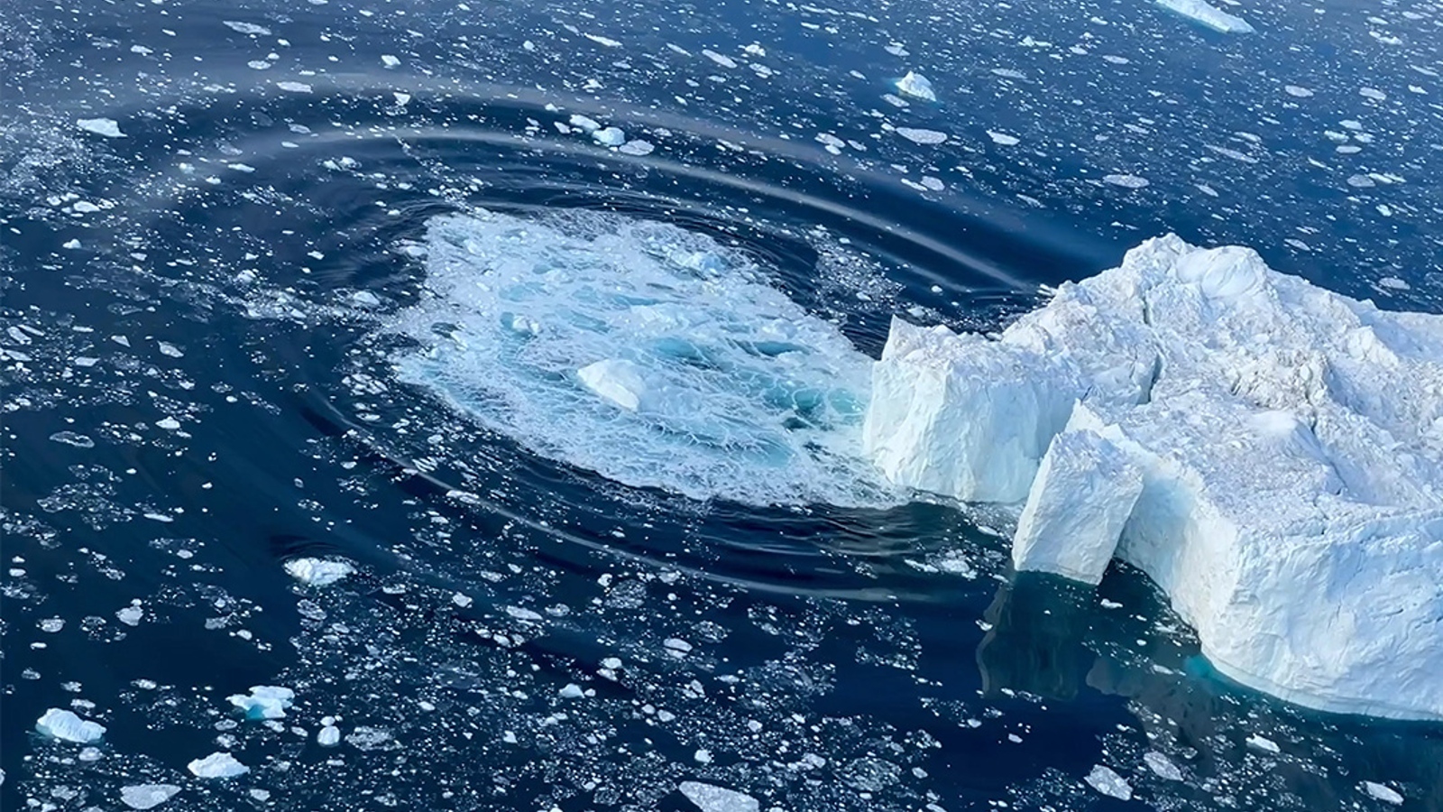 Снимка на голямо парче лед, падащо в морето от ледник, създавайки кръгла вълна
