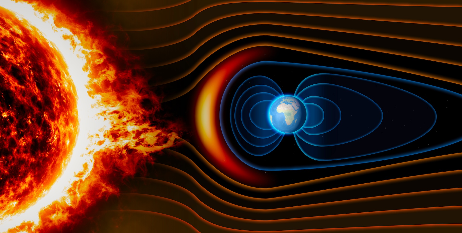 Илюстрация на огненото слънце и земята, със слънчев вятър, обикалящ земното магнитно поле.