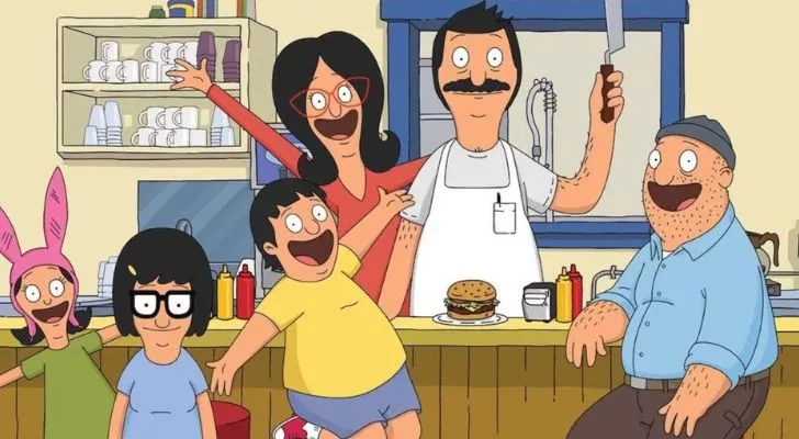 Семейство Белчър и техният приятел Теди от Bob's Burgers в техния ресторант