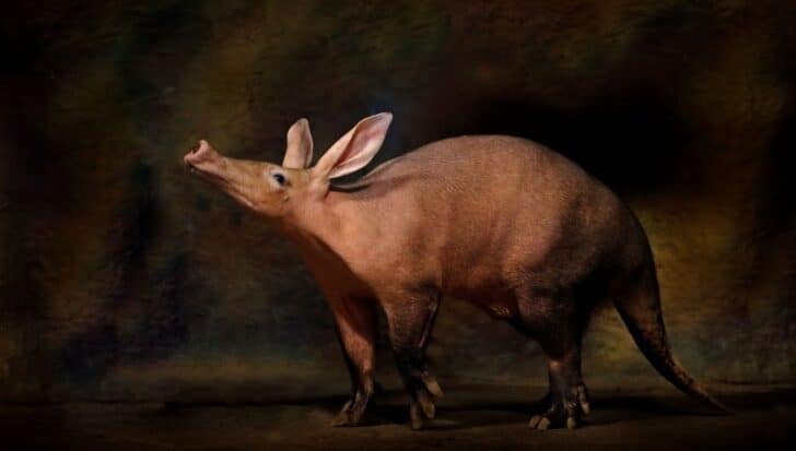 Aardvark, стоящ на слабо осветен фон, показвайки дългите си уши и муцуна