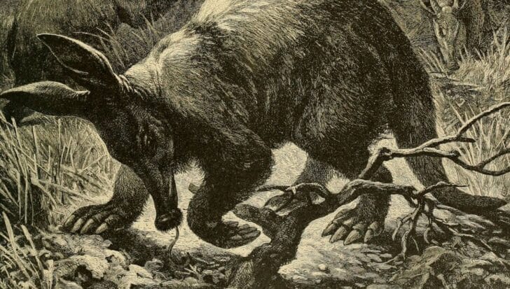 Aardvark, използващ дългия си език, за да хване насекоми сред тревата и клоните