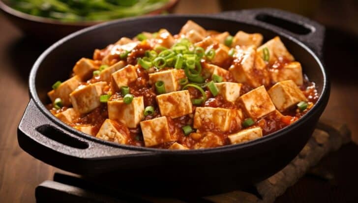 Mapo tofu, кубчета тофу в богат, пикантен сос, гарниран с нарязан зелен лук в черна глина тиган