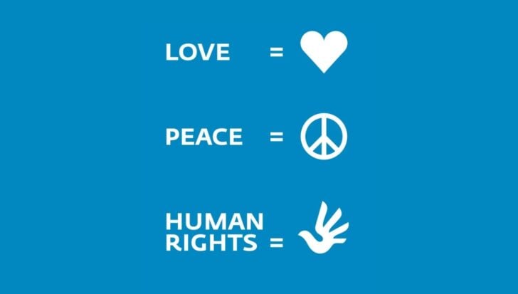 Символи, представящи любовта като сърце, мира като знак за мир и правата на човека като стилизирана ръка